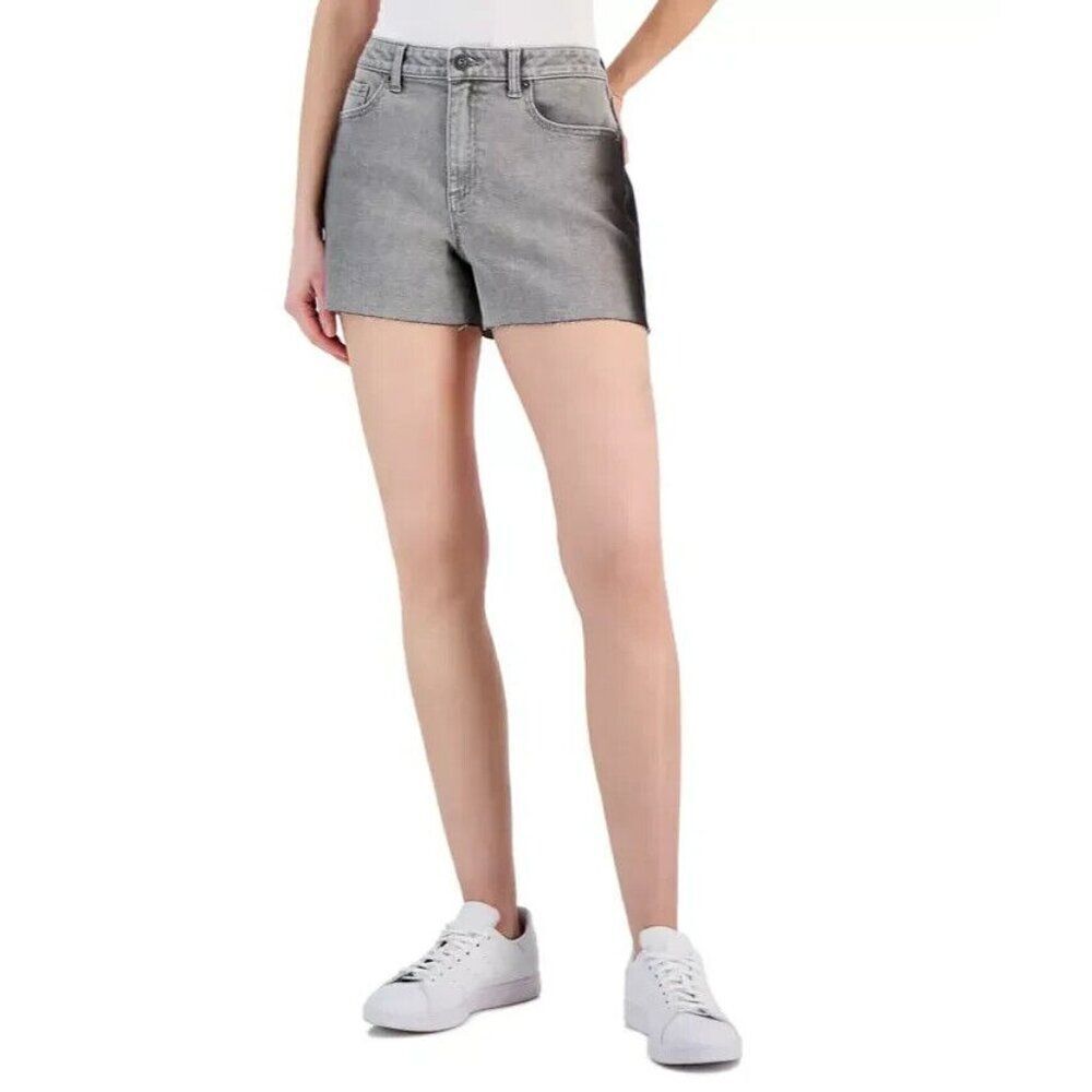 INC International Concepts High Rise Frayed Hem Denim Shorts, Gray Wash,